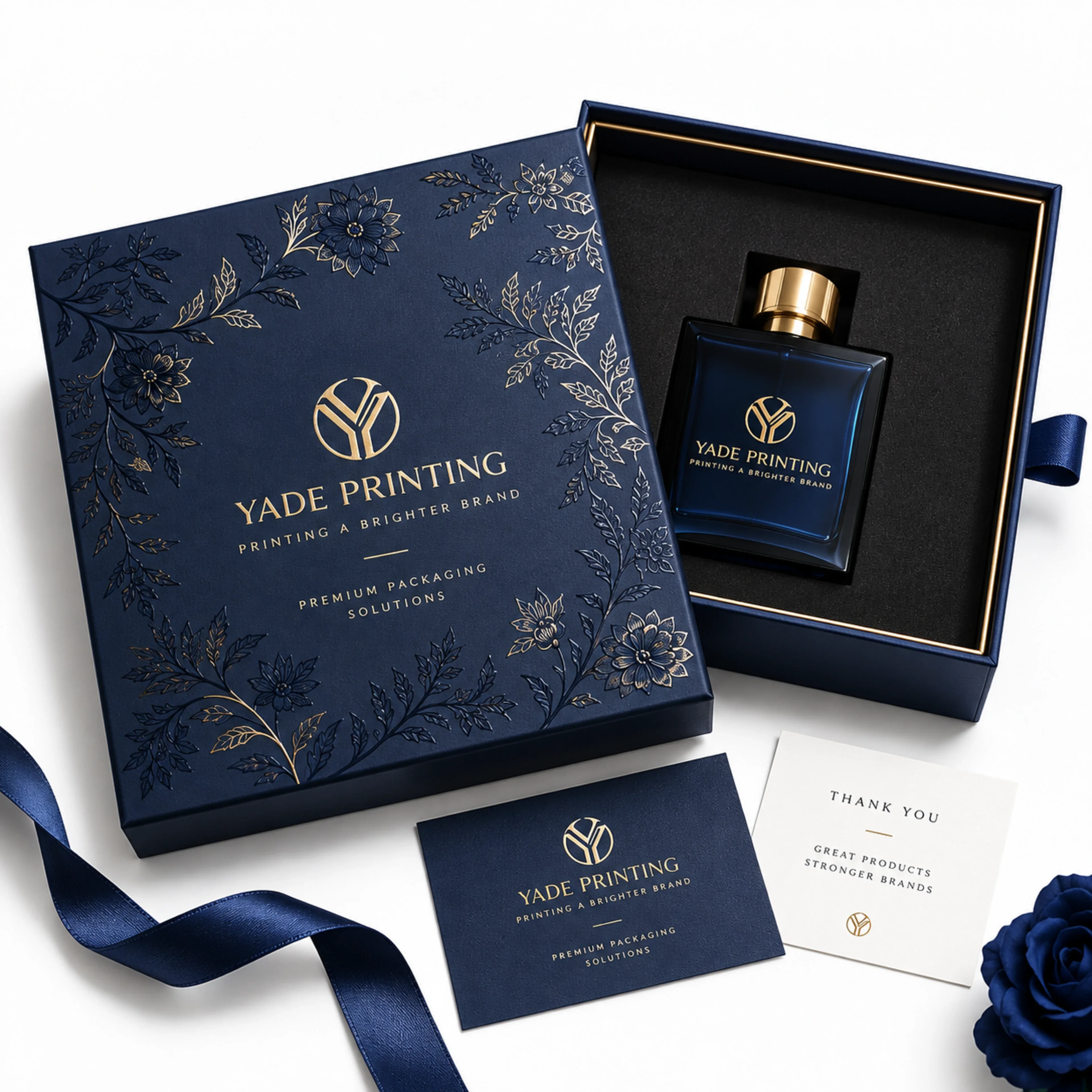 Visual reference for perfume packaging with a foil logo