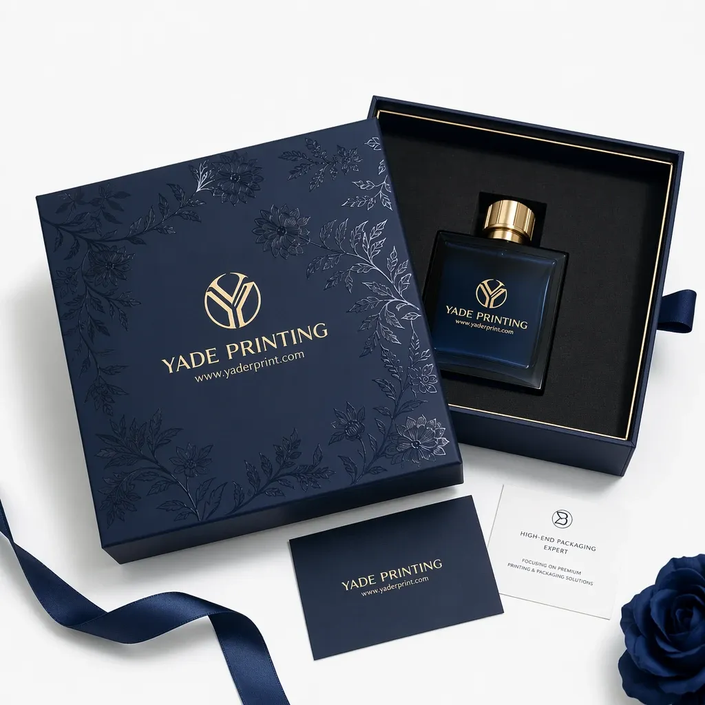 Branded perfume packaging with gold-stamped logo